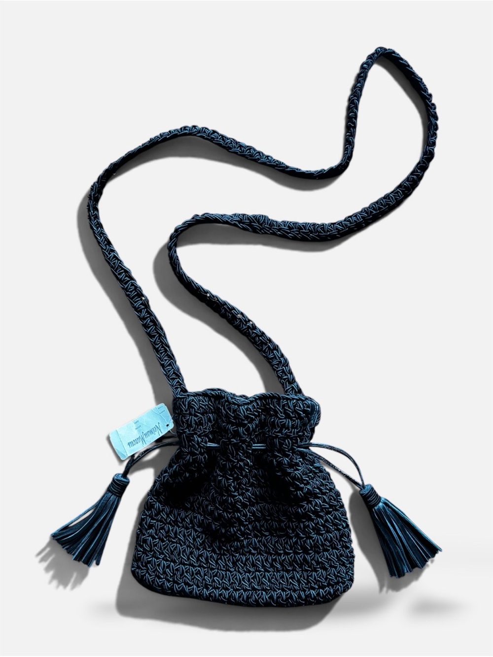 Vintage Sharif Crochet Bucket Crossbody Bag Black Leather Tassels | NWT